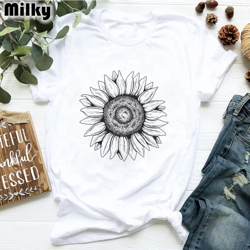 

New Dandelion Bouquet Print T Shirt Women Short Sleeve Casual Loose White T-Shirt For Girls Lady Vogue Tops Tees