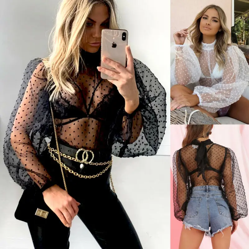 Женские сексуальные прозрачные сетчатые топы с принтом в горошек пышная