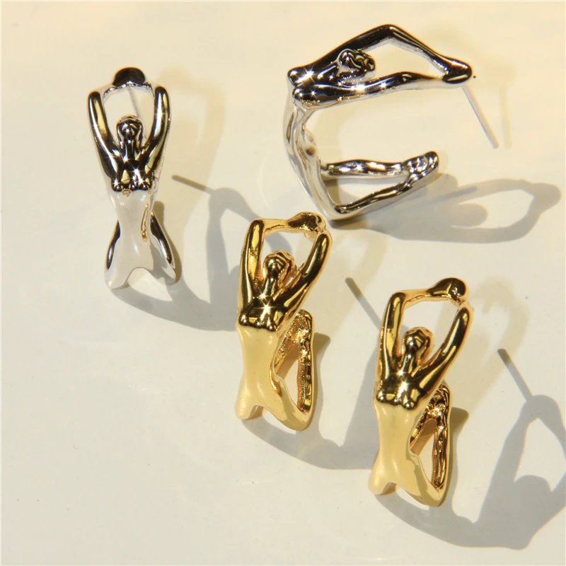 

HUANZHI French Irregular Metal Body Stud Earrings Personality Exaggerated Trendy Earring for Travel Accessories Jewelry Gifts