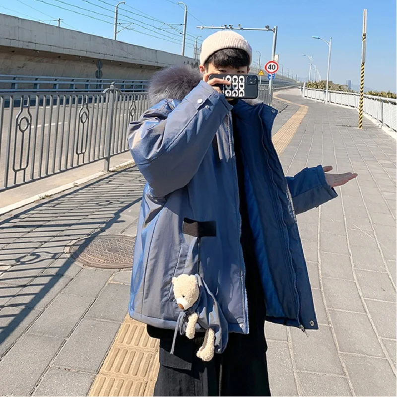 Cartoon Padded Jacket Plus Velvet Padded Fur Collar Hooded Padded Jacket Male Ins Tide Brand Loose Student Winter Jacket