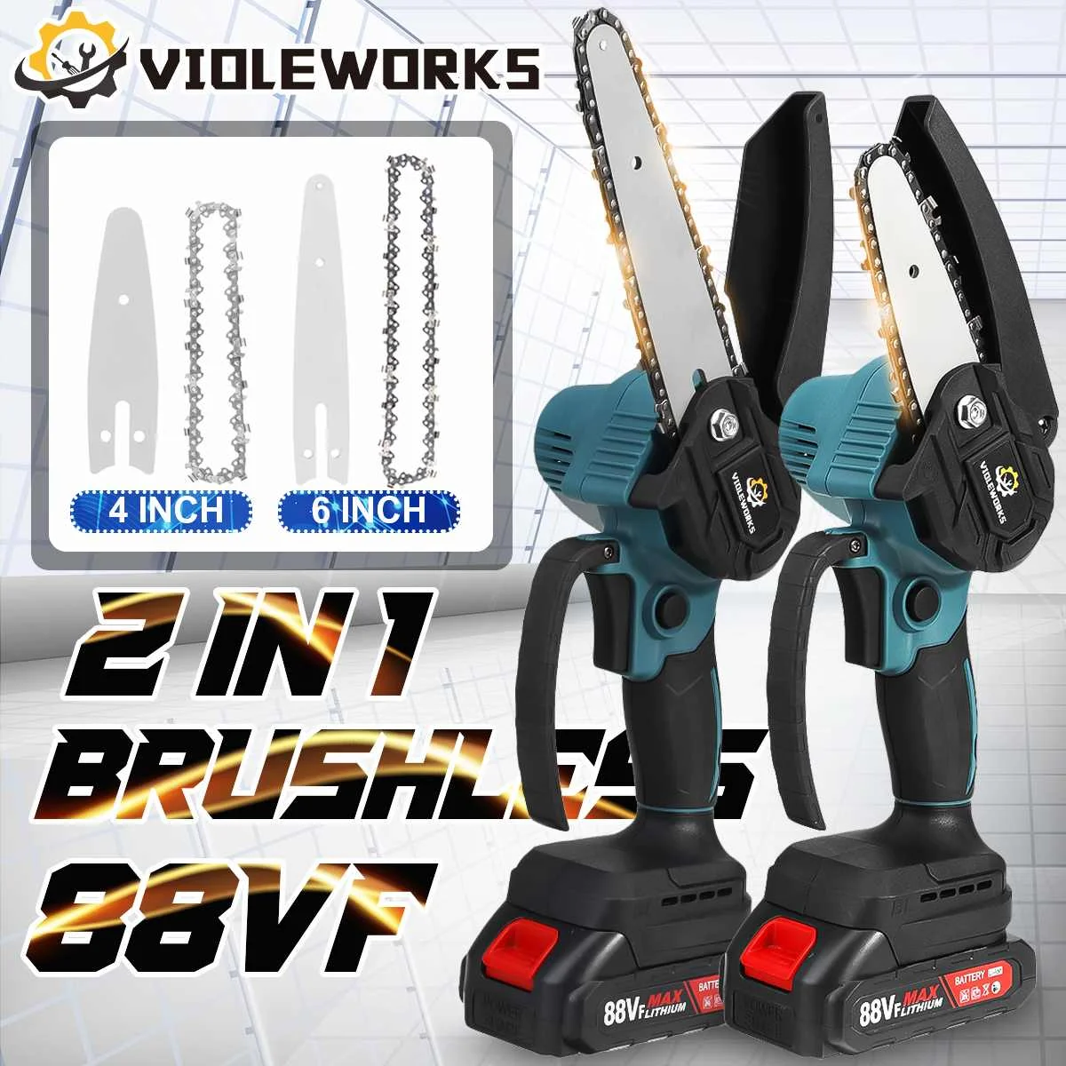 

2 In 1 88VF Mini Electric Chain Saw 4000W 4 / 6 Inch One-handed Woodworking Power Tool Cutter For Makita Battery 18V EU Plug