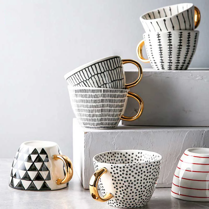 

Hand Painted Geometric Ceramic Mugs With Gold Handle Handmade Irregular Cups For Coffee Tea Milk Oatmeal Creative Birthday Gifts