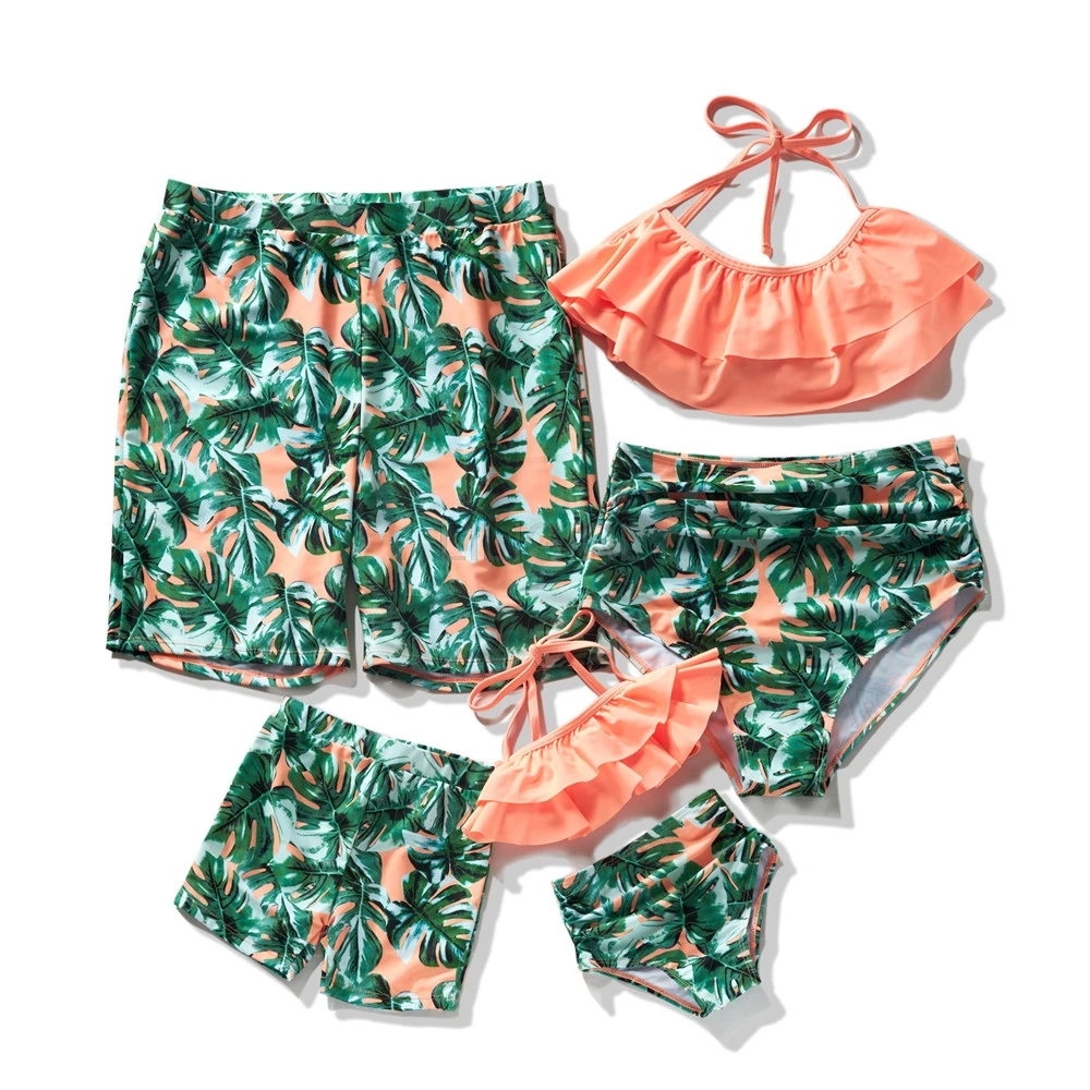 Mommy And Me купальник на одно плечо с вырезами для мамы и дочери принтом листьев