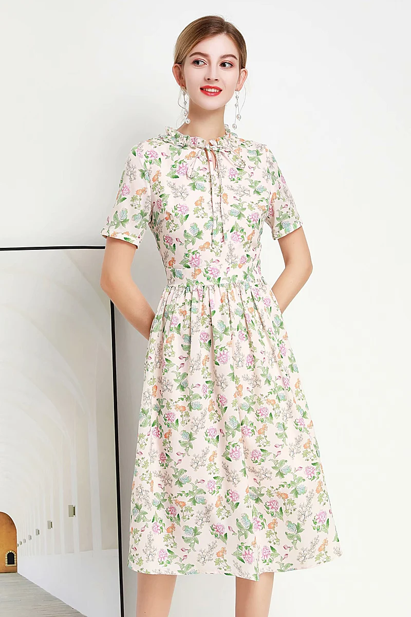 

New Fashion Women Summer 2020 High Quality Party Casual Work Vintage Beach Elegant Midi Flower Print Dress