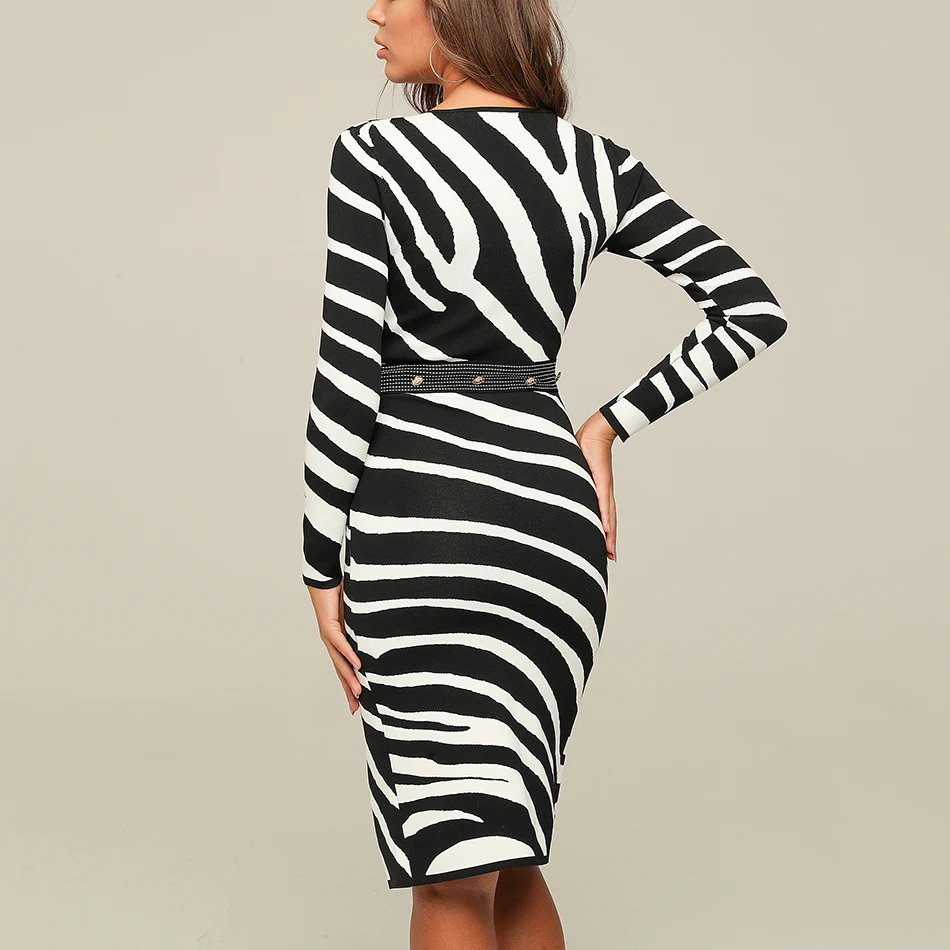 

Ailigou Free Shipping 2021 Zebra Jacquard Dress Long Sleeve V-Neck Women's Skinny Dress Celebrity Party Bandage Vestidos