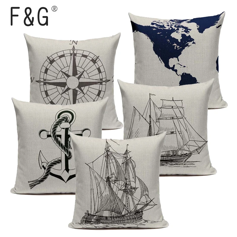 Винтажные наволочки Морской стиль ручная роспись корабль Almofadas 45 см x квадратные