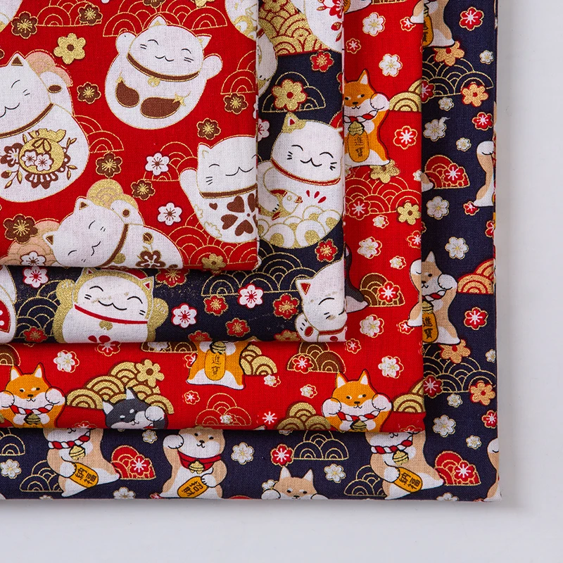 Ткань хлопковая бронзовая для платья в японском стиле с принтом виде кошки и