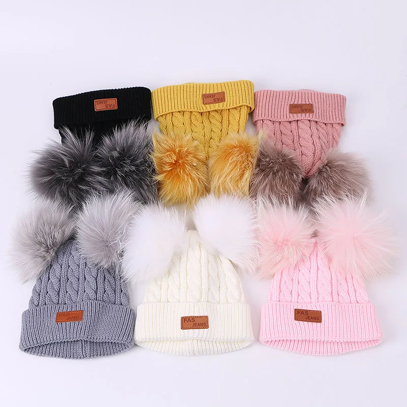 Милая Детская Зимняя Шапка бини с натуральным цветным меховым помпоном уличные
