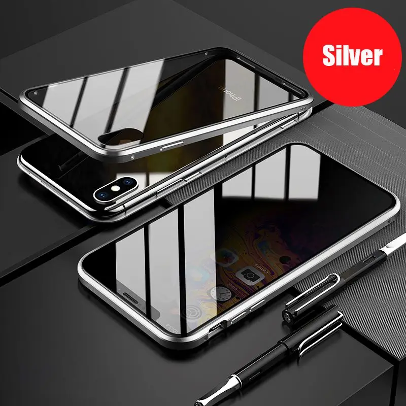 Silver 360 Protection Privacy Glass Magnetic Metal Case For iPhone XS Max XR XS X 7 8 6 6S Plus Anti-Peeping Case For iPhone 11 Pro Max - Цвет: Silver