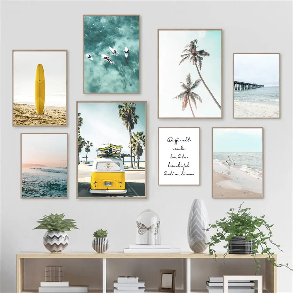 

California Ocean Landscape Poster Yellow Car Surfboard Canvas Painting Beach Coconut Tree Print Wall Pictures Living Room Decor