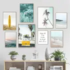 Постер Калифорнийского океанического пейзажа, желтая доска для серфинга, Картина на холсте, пляж, кокосовое дерево, печать, настенные картины, декор для гостиной