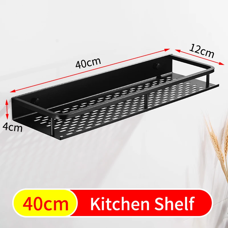 Black-40cm Кухонная полка хранения приправа алюминиевая кухонная стойка Органайзер с полотенцем Бар настенный специй навесная полка для ванной комнаты черный - Цвет: Black-40cm