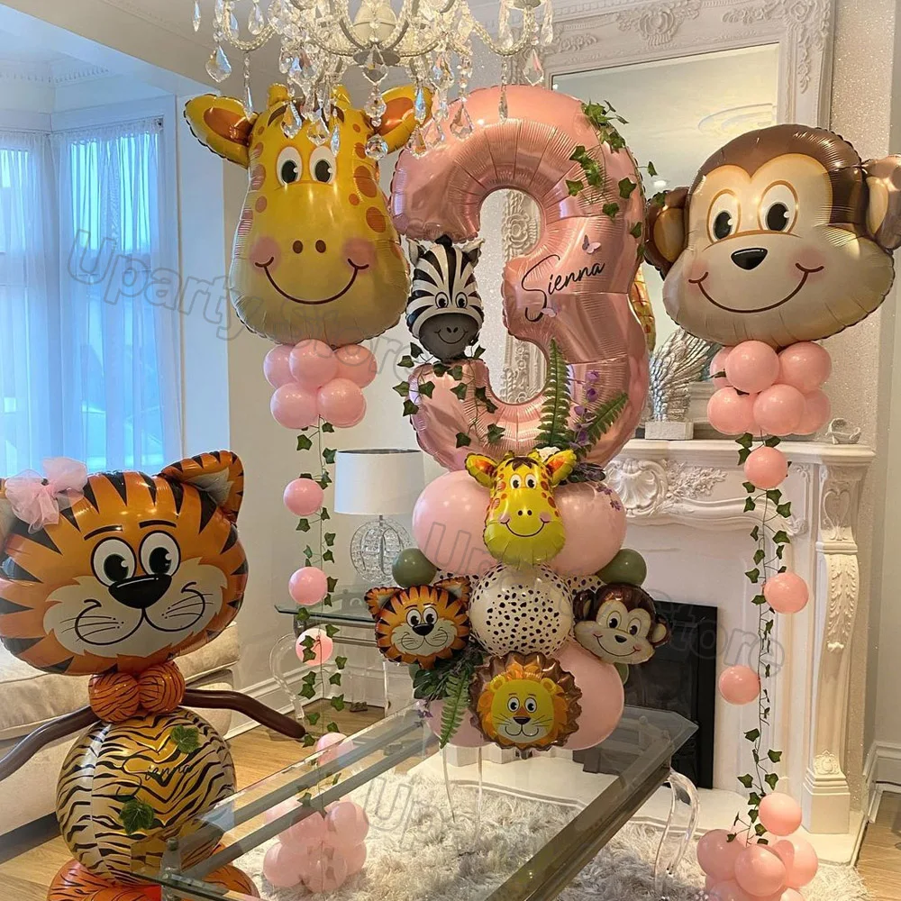 

Safari Animal Birthday Balloons Pink Number Jungle Lion Tiger Monkey Foil Helium Balloon for Baby Shower Kids Birthday Decor