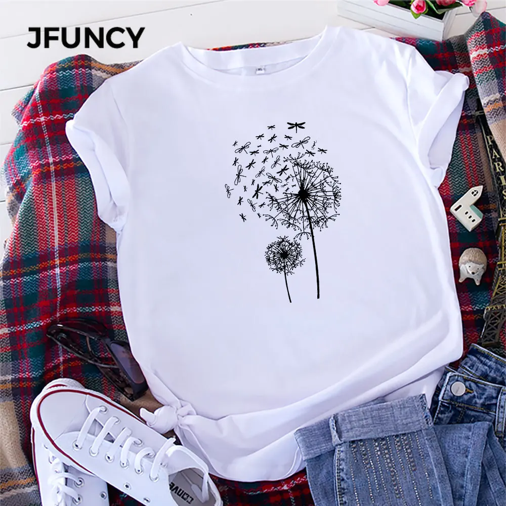 JFUNCY женская летняя футболка с принтом одуванчика Женская хлопковая Футболка
