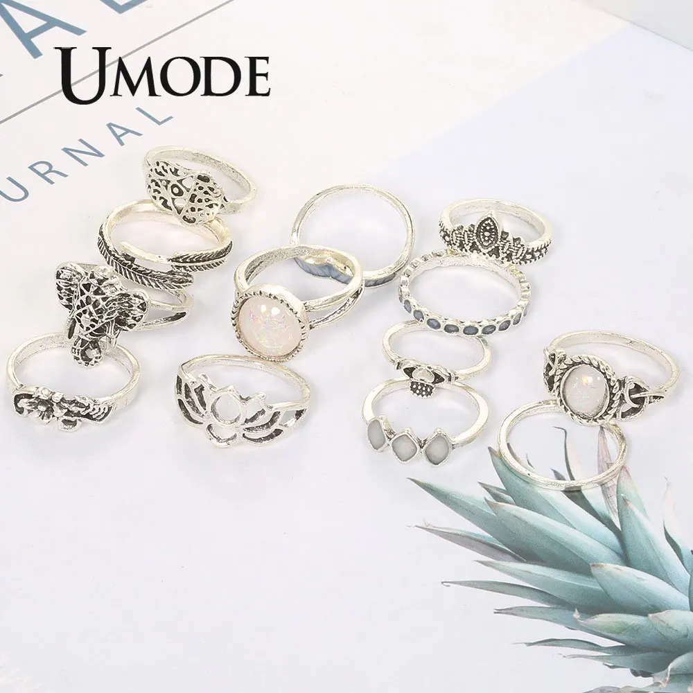 UMODE, 11 шт., бохо, Винтаж, черный цветок лотоса, набор колец, кольца для женщин, ювелирные изделия, аксессуары, опт, много, оптом, PR0219
