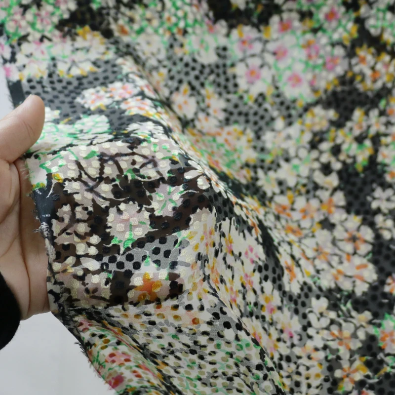 Жаккардовый черный Шелковый жоржетт этнический цветочный материал 100 см * 135 | Дом