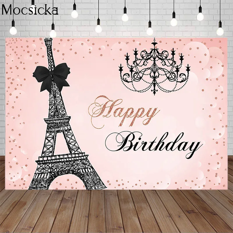 

Mocsicka Eiffel Tower Photography Background Pink Backdrop Happy Birthday Party Child Portrait Decoration Props For Photo Studio