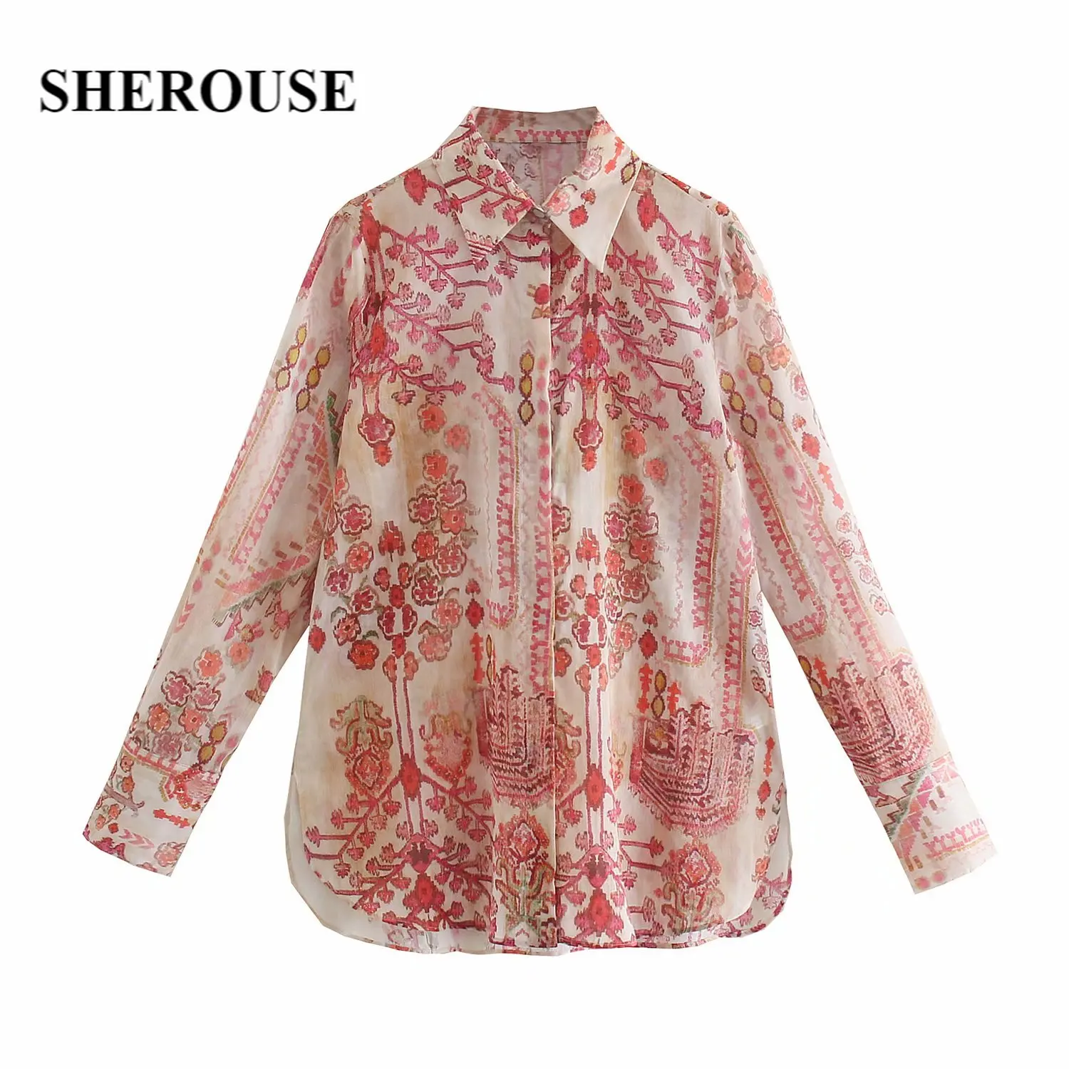 

SHEROUSE 2021, винтажные женские блузки с цветочным принтом, рубашка с отворотом и длинными рукавами, модные шикарные женские повседневные Рубашк...
