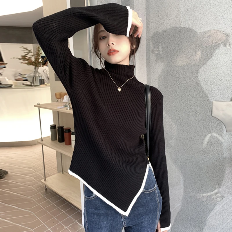 

Женский трикотажный свитер-водолазка, необычный пуловер с разрезом и асимметричным подолом в Корейском стиле, весна-осень