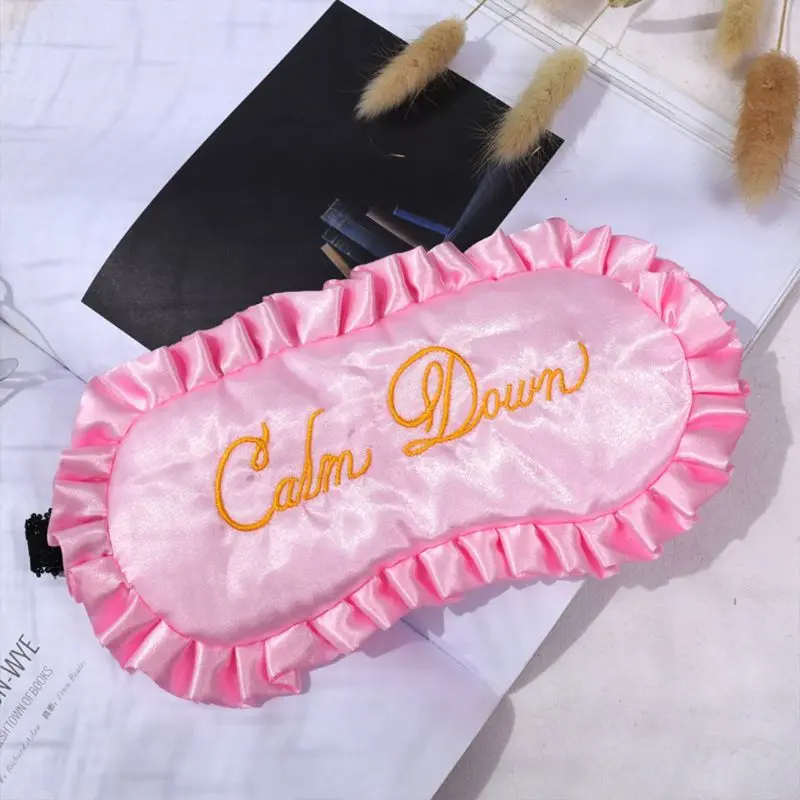 

H7JC Women Girls Imitation Silk Satin Sleeping Eye Mask Pleated Ruffles Trim Gold Letters Embroidery Eyeshade Travel Nap