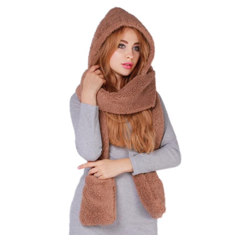 

3 In 1 Women Winter Warm Soft Hood Scarf Snood Pocket Hats Gloves Fashion Hooded Srarves Scarf Hat Glove 3 Piece Sets
