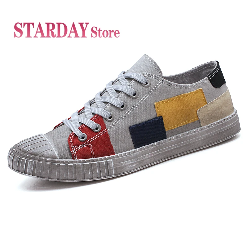 

New Men Canvas Shoes Retro Mixed Color Mens Shoes Casual Sneakers Platform Breathable Nonslip Designer Male Vulcanized Footwear