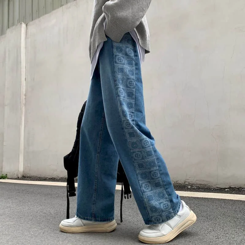 

New Autumn Spring Fashion Jeans Women Straight Pants Printed Paisley Vintage Wide Leg Pants Loose High Waist Trousers BF Pants