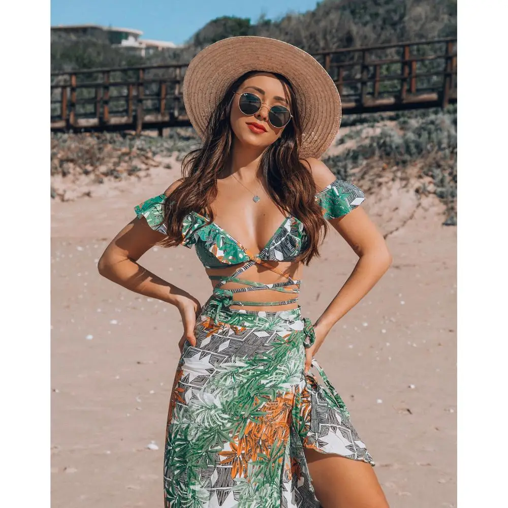 Новинка бикини пляжная юбка туники для пляжа длинные листья принт накидка халат