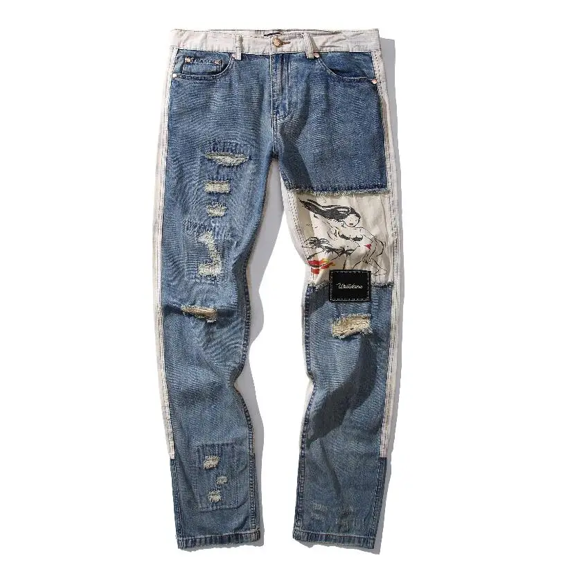 

21ss New We11Done jeans high quality Splice old broken hole blue zipper jeans high street Cool boy