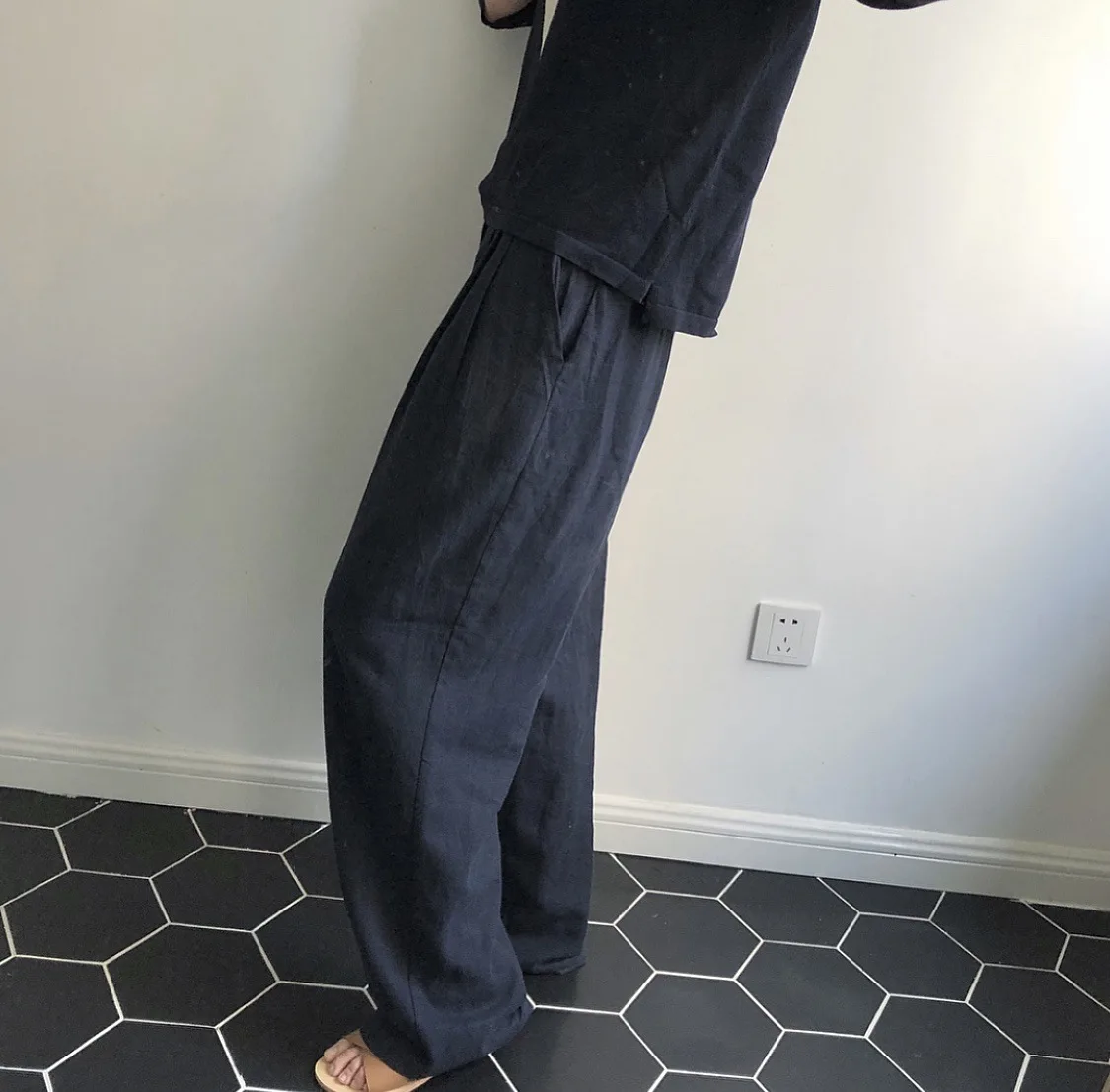 

Lufu Summer New Korean Style Simple High Waist Loose Wide Leg Pants Quality Slimming High-Rise Linen Trousers for Women