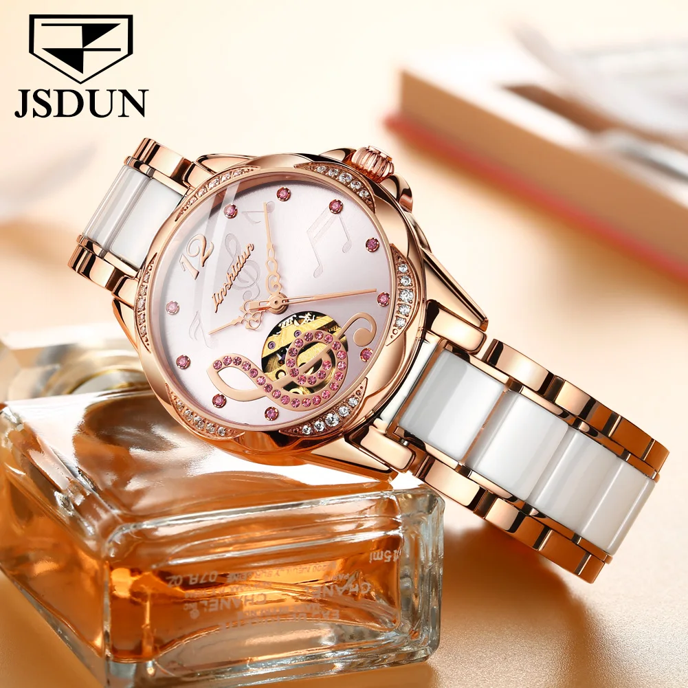 JSDUN Ladies Automatic Mechanical Watch Diamond Hollow Watch Ladies Rose Leather Watch Waterproof Clock Senhoras Assistir 8820