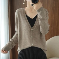 new sweaters for spring and autumn womens v neck wool knit cardigan buttons large size short 100 wool all match fashion