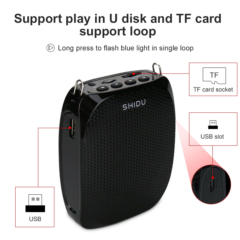 SHIDU 10W Перезаряжаемый голосовой усилитель Портативный профессор Проводной микрофон Мини аудио Натуральная стерео-колонка Для учителя S258 on.