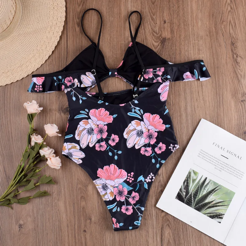 Hirigin High Wasit Sexy Flower One Piece Swimming Suit Women Swimweat 2020 New Hollow Out Ruffles Push Up Padded Bathing |