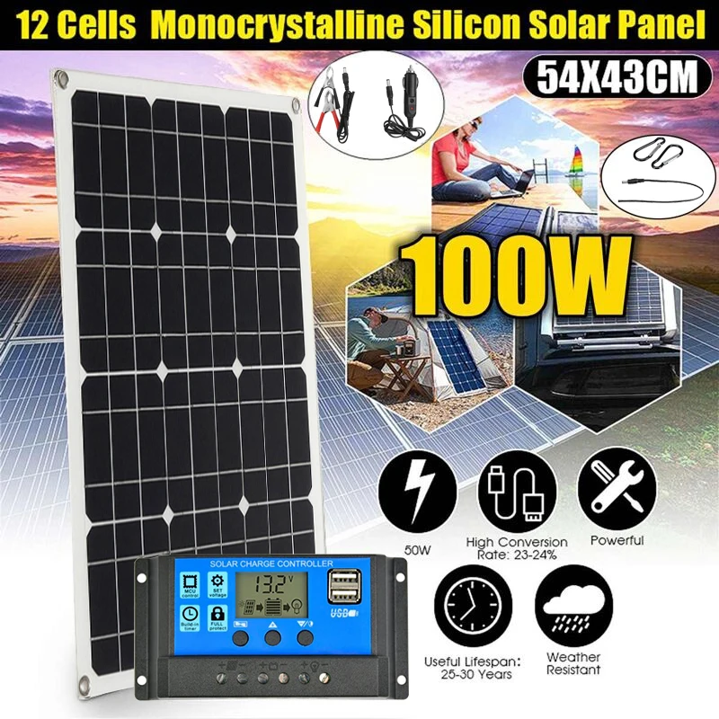 Flexible Solar Panel Kit 100W 18V Portable Charger Home System 5V USB For Phone 12V RV Car Boat Camping Battery Waterproof | Электроника
