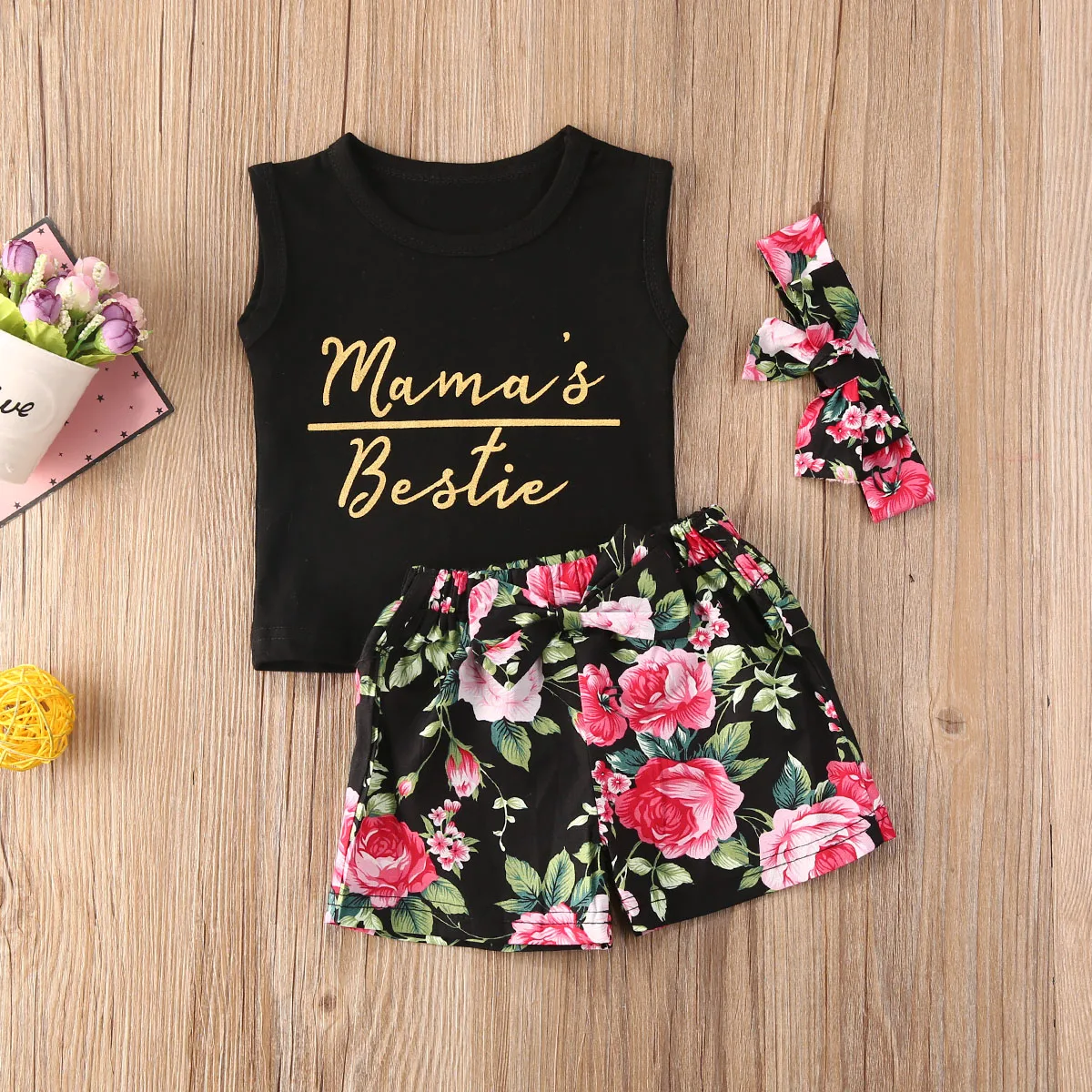 

2020 Baby Girls Summer Outfits Letter Printed T-Shirt Tank Top Sleeveless Vest Floral Shorts Clothes Set 0-3Y