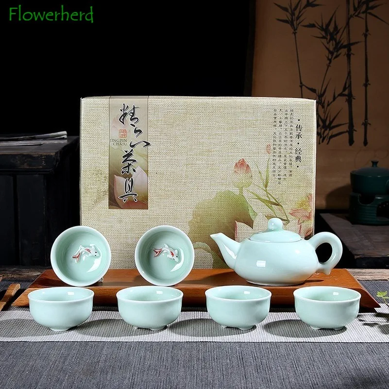 

Ceramic Porcelain Kung Fu Tea Set Teaware Tea Set of 6 Celadon Small Fish Cup Carp Tea Set Tea Pot and Tea Cup