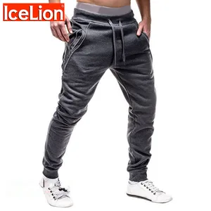 Новинка 2021, мужские брюки для фитнеса, повседневные однотонные мужские брюки, брюки-карандаш на завязках, мужские спортивные брюки на молнии, IceLion