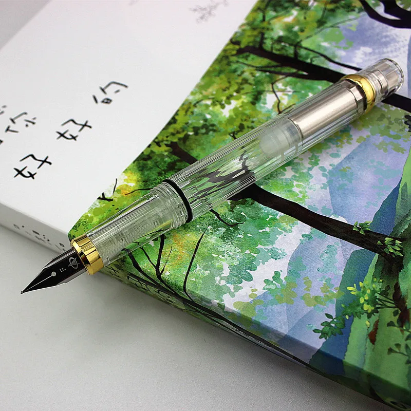 1-Piece New high quality Transparent Fountain Pen F/EF Nib Plastic Piston Filler Writing Ink Pens School Office Supplies