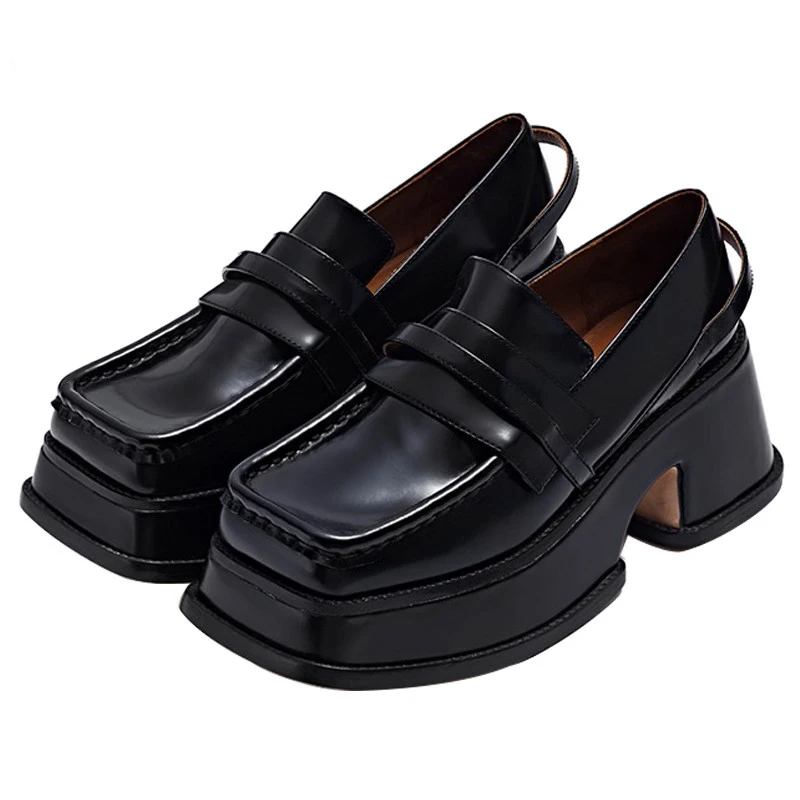 

Autumn New Style Solid Waterproof Thick-soled Roman Style Women's Shoes Black Genuine Leather Slip-on Platform Casual Pumps