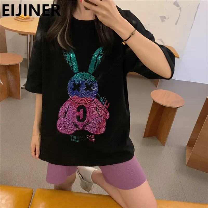 

Color Hot Diamond Cartoon Bear Short-Sleeved T-Shirt Top Women's Summer Fashion Plus Size Graphic Tee Harajuku Kawaii Streetwear
