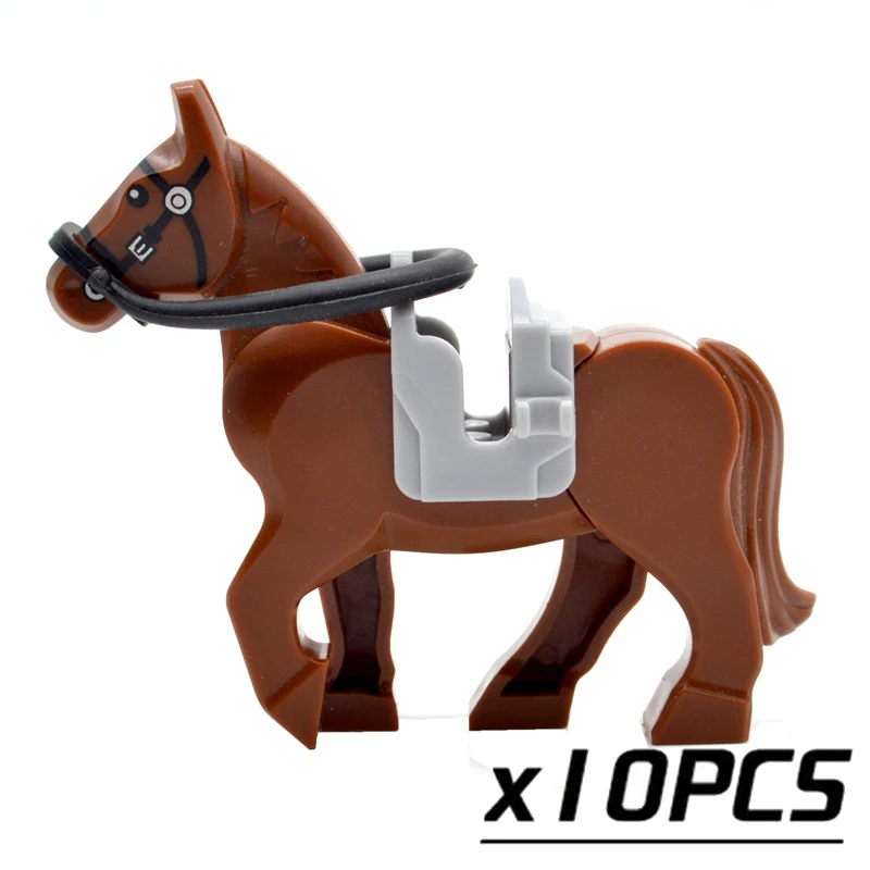 10pcs brown horses 10 шт./лот Военная лошадь WW2 с седлом поводья Черный Белый Коричневый Строительные кирпичи блоки игрушки Аксессуары - Цвет: 10pcs brown horses