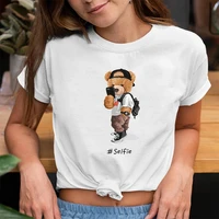 little bear printed summer t shirt women loose casual short sleeve white tops student clothing ladies o neck t shirt female tees
