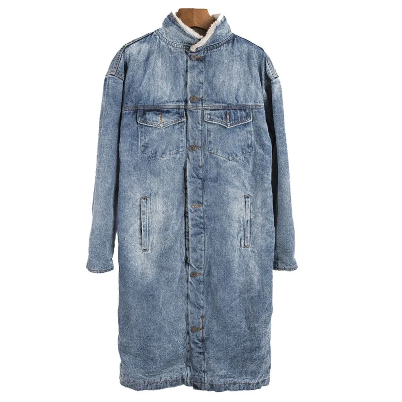 Трендовая Мужская джинсовая ветровка средней длины бархатная теплая зимняя