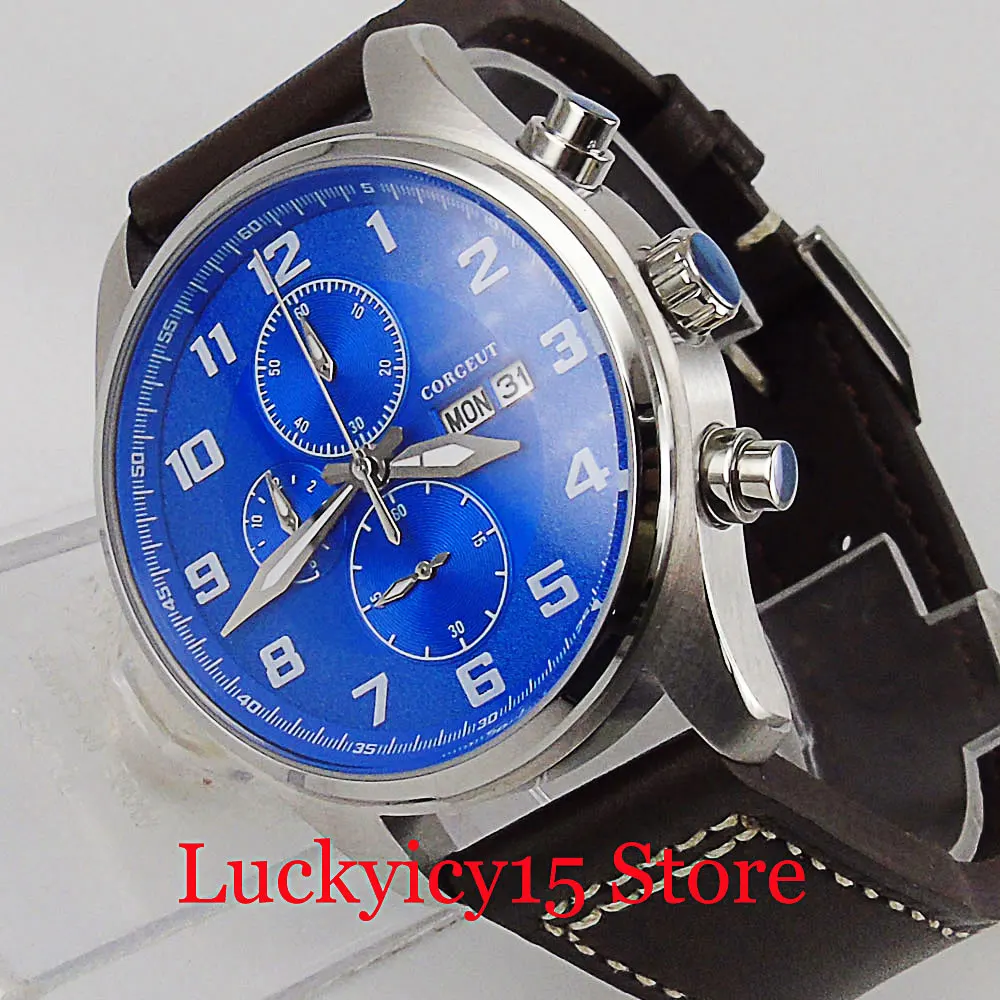 CORGEUT Gift Quartz Men Wristwatch Classic Blue Dial Day With Date Chronograph Leather Band Three-Eyed Calendar Dial