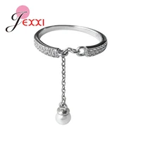 new fashion pearl pendant rings adjustable size women girls 925 sterling silver finger rings for wedding engagement