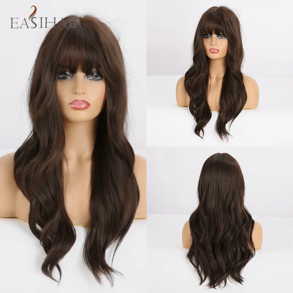 

EASIHAIR Long Wavy Brown Natural Hair Wigs Heat Resistant Synthetic Wigs for Afro Women With Bangs Glueless Cosplay Party Wigs