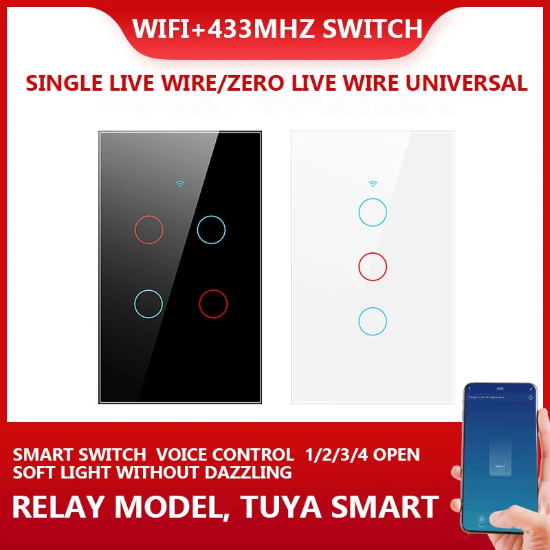 

Умный сенсорный выключатель Tuya, Wi-Fi +, 433 МГц, настенная кнопка для светильник, 1/3/4 клавиши, поддержка Alexa и Google Home, американский стандарт, умный...