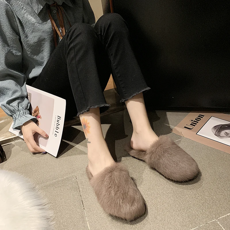 

Warm Plush Winter Slippers Women Shoes Woman Slip On Soft Solid Color Round Toe Faux Fur Ladies Slippers Female Slides Plus Size