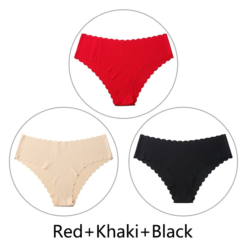 Red Khaki Black 3 шт./партия, сексуальные бесшовные трусики с оборками для женщин, полосатые трусы с низкой посадкой, цельное нижнее белье, женское нижнее белье, американский размер xs-l - Цвет: Red Khaki Black